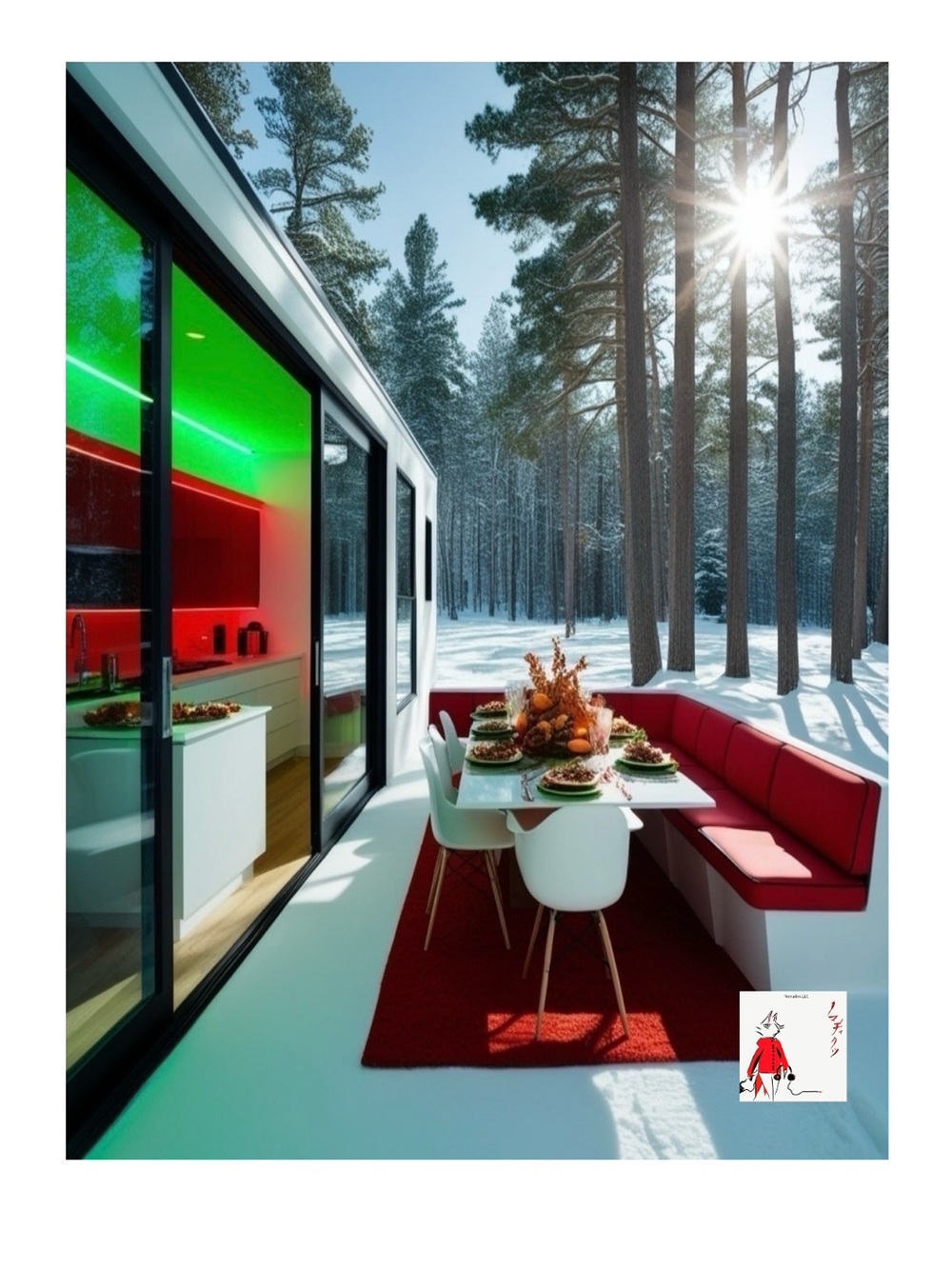 Modern Winter Dining Art Poster - Red Accent